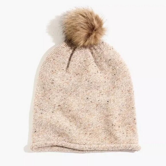 Madewell Ashen Sand Faux Fur Pom PomWool Blend Beanie